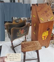 Pine tater box wood log stool & stenciled mag rack