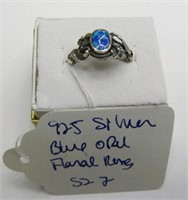 925 Silver Blue Opal Floral Ring Sz 7