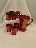 Pitcher and 7 glasses red iridized souvenir set