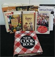 Vintage cookbooks and one color book