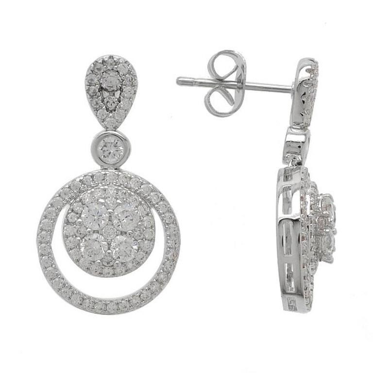 Silver Tone CZ Double Circle Drop Earrings