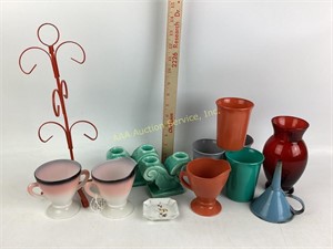 Ruby Red Anchor Hocking Vase & Milk Glass Cups