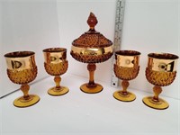 Heavy Amber Cut Glass & Gold Trim Pieces