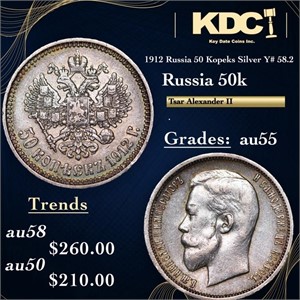 1912 Russia 50 Kopeks Silver Y# 58.2 Grades Choice
