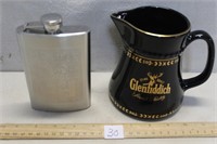 NICE ETCHED FLASK & GLENFIDDICH PITCHER