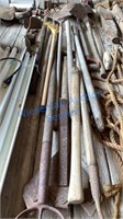 LONG HANDLED TOOLS - THREE TINE FORK, RAKES,