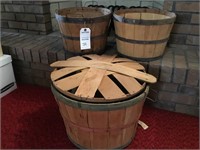 3 Wooden bushel basket 1 w/ lid (18" dia.); 2