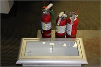 Three fire extinguishers and in wall cabinet