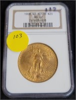 1908 NO MOTTO ST. GAUDEN'S $20 GOLD COIN - MS62
