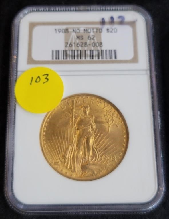 1908 NO MOTTO ST. GAUDEN'S $20 GOLD COIN - MS62