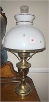 BRASS LAMP WITH MILK GLASS SHADE - 22"