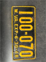 1948 WEST VIRGINIA LICENSE PLATE #100070