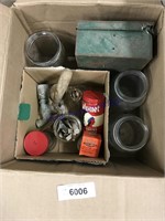 MISC BOX--CANNING JARS, ASSORTED TINS, ETC