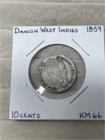 1859 Danish West Indies 10 Cent Silver Coin