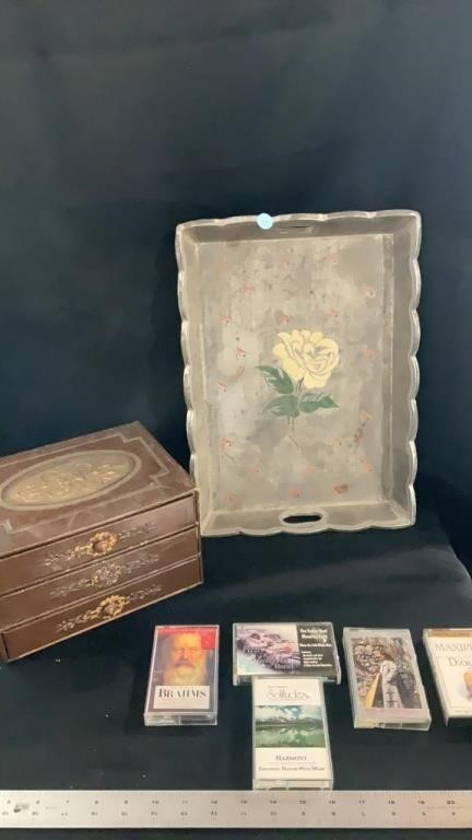 Vintage jewelry box, tray with various cassette