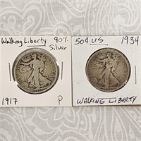 1917 1934 Walking Liberty 2 Half Dollar 90% Silver