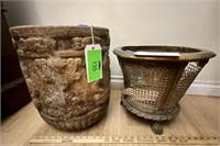 Vintage Wicker / Wood Container + Clay Pot