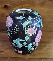 VTG Floral on Black Ceramic Vase