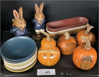 Rustic Carved Wood Rabbits, Pumpkins, Bowls.