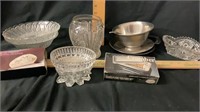 Vintage Clear Glass Vase, Dishes, Silverplated