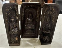 Vintage Trifold Carved Buddhist Triptych Altar Shr