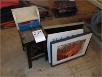 Wooden Drawer box, picture frames and stool