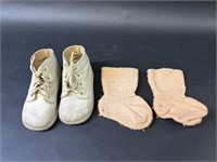 Vintage White Leather Baby Shoes & Pink Baby Socks