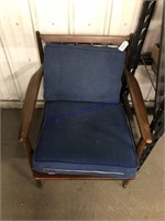 WOOD CHAIR W/ BLUE CLOTH CUSHIONS