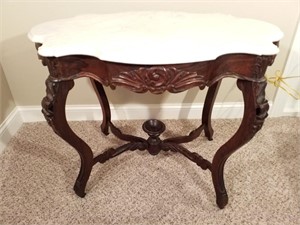Carved Parlor Table w/Marble Top