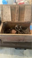 OLD WOODEN BOX WITH LEATHER CHUCKERS, TOOL