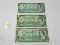3 billets 1$ Canada 1954-1967 et 1967 sans numéro