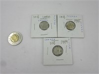 3 x 0.10$ Canada silver 1940-45-49