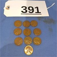 Ten 1950s Wheat Cents All-S