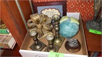 BRASS CANDLESTICK HOLDERS, BOW BOOKEND, POTTERY>>