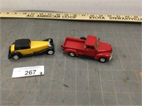 Yellow model car & red Chevy pickup