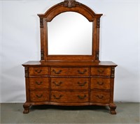 Oak 9-Drawer Ornate Dresser with Mirror