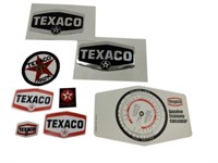 LOT OF TEXACO BADGES, DECALS & 1974 CALCULATOR