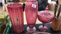 CRANBERRY VASES & CANDY DISH