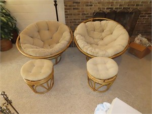 2 Round Rattan Chairs w/ Stools