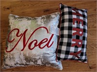 Two decorative holiday Christmas pillows