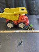Plastic Tonka Truck and Tiny Green Metal Tractor