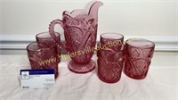Pink cut glass water set with 5 tumblers