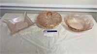Pink depression candy dish with 2 bowls