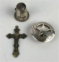 Sterling Crucifix, Thimble & Coin Silver Concho