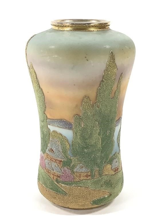 Coralene Landscape Vase, Japan 1909, 8"H
