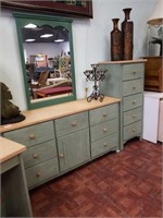 Green dresser with mirror and chest