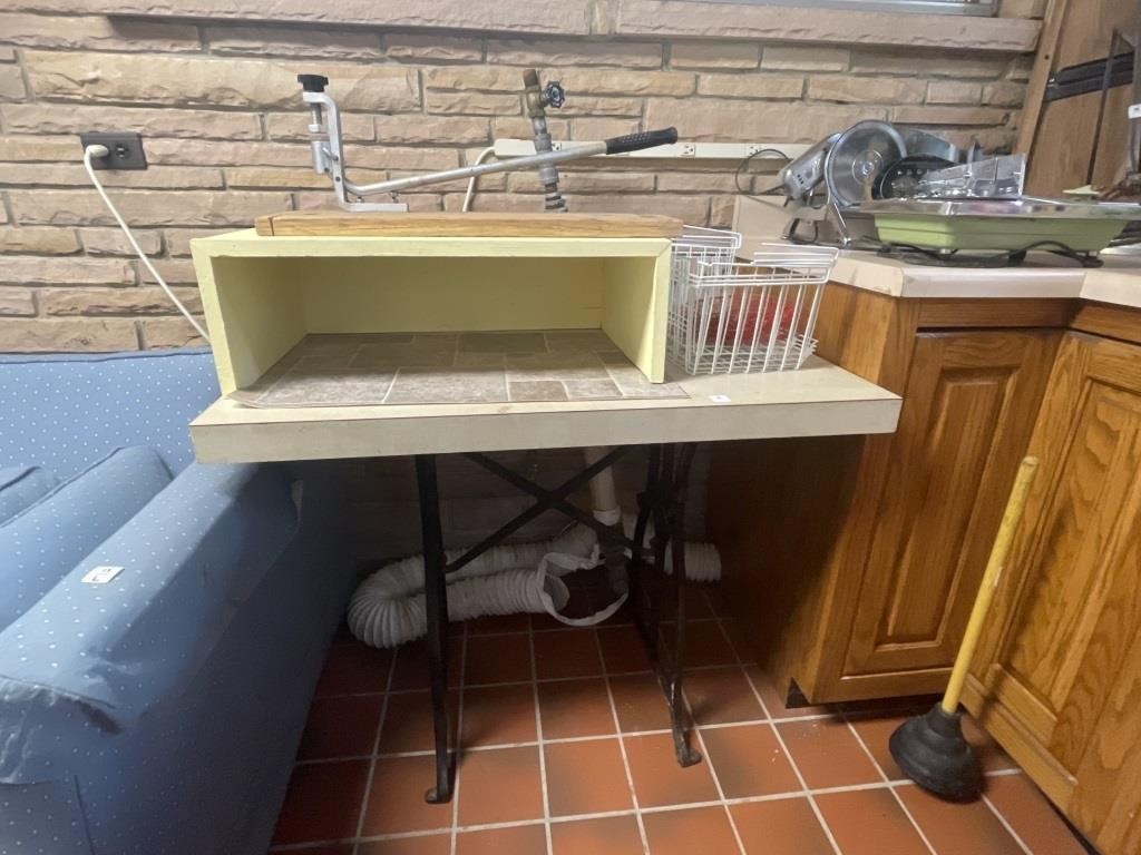 HOME MADE TABLE FROM CAST IRON SEWING MACHINE BASE