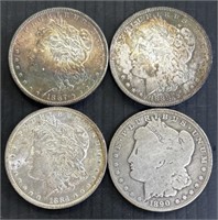 4 US Morgan Silver Dollars 1887, 88-O, 84-O, 90-O