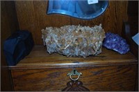 3 mineral specimens: amethyst crystal block,