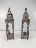 Vintage Rustic Metal & Glass Candle Lantern Duo